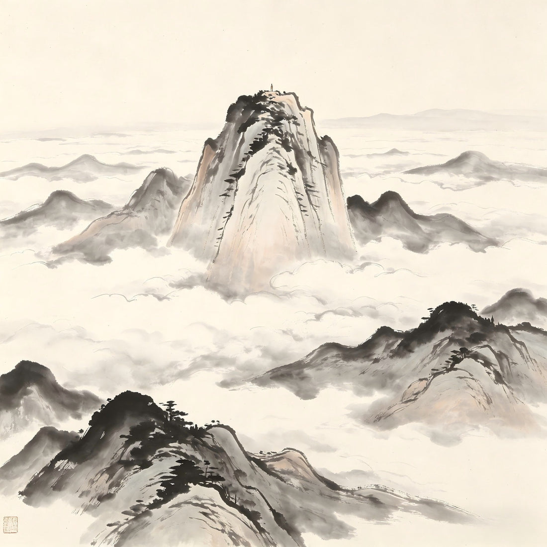 Mountain peak rising above clouds in traditional Chinese ink painting