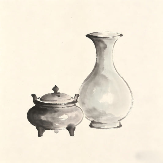 Ju Jiu Taoist wine vessel with incense burner ink painting