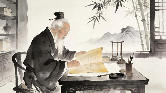 Senior Taoist priest reading ancient scrolls in Tianshi Fu study, traditional Chinese scholar's study setting, symbolizing Wu Yun's teaching onKe Ren