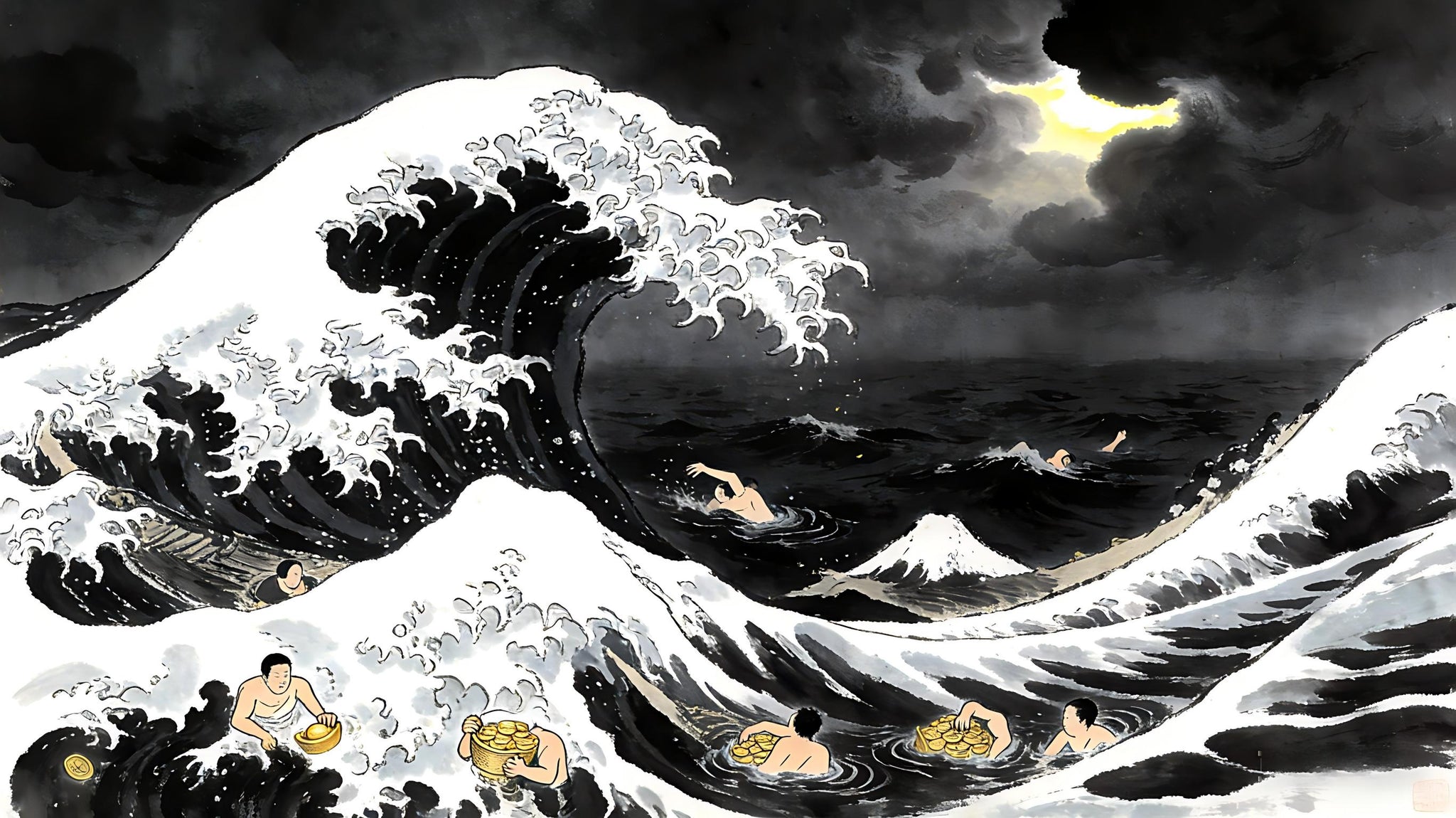 Bitter sea of suffering - turbulent ocean with struggling figures