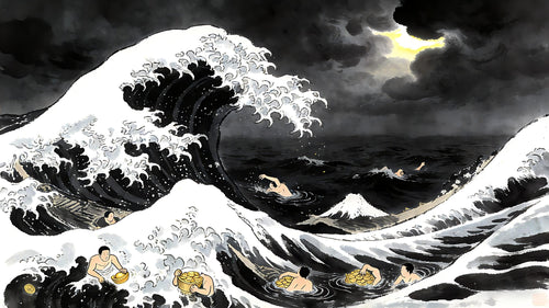 Bitter sea of suffering - turbulent ocean with struggling figures