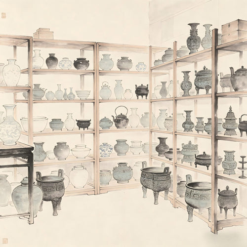 A traditional storehouse interior with neatly arranged items in Chinese ink painting