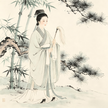 Taoist female practitioner in traditional robes with horsetail whisk