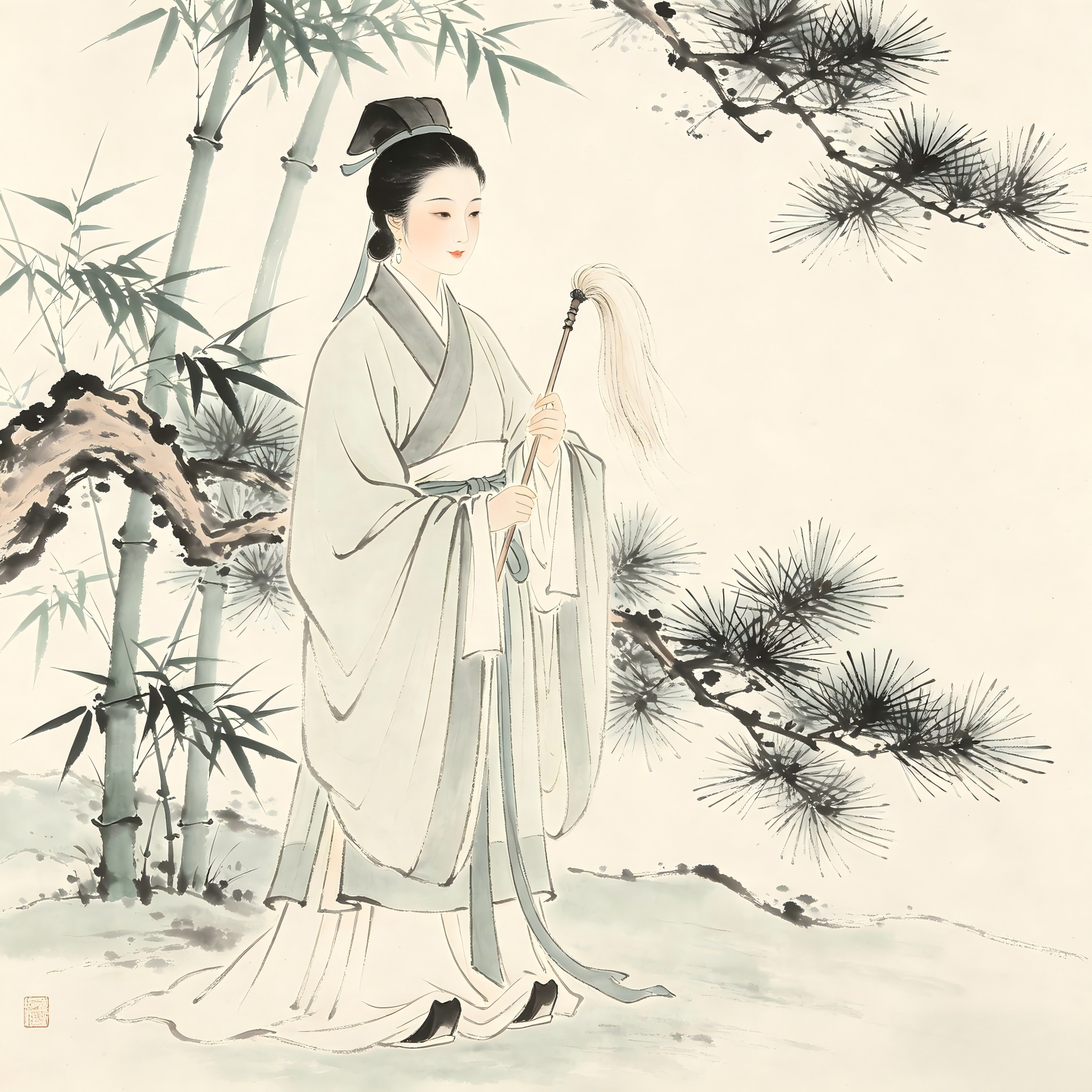 Taoist female practitioner in traditional robes with horsetail whisk