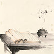 Ancient scrolls on a desk with incense smoke in traditional Chinese ink painting