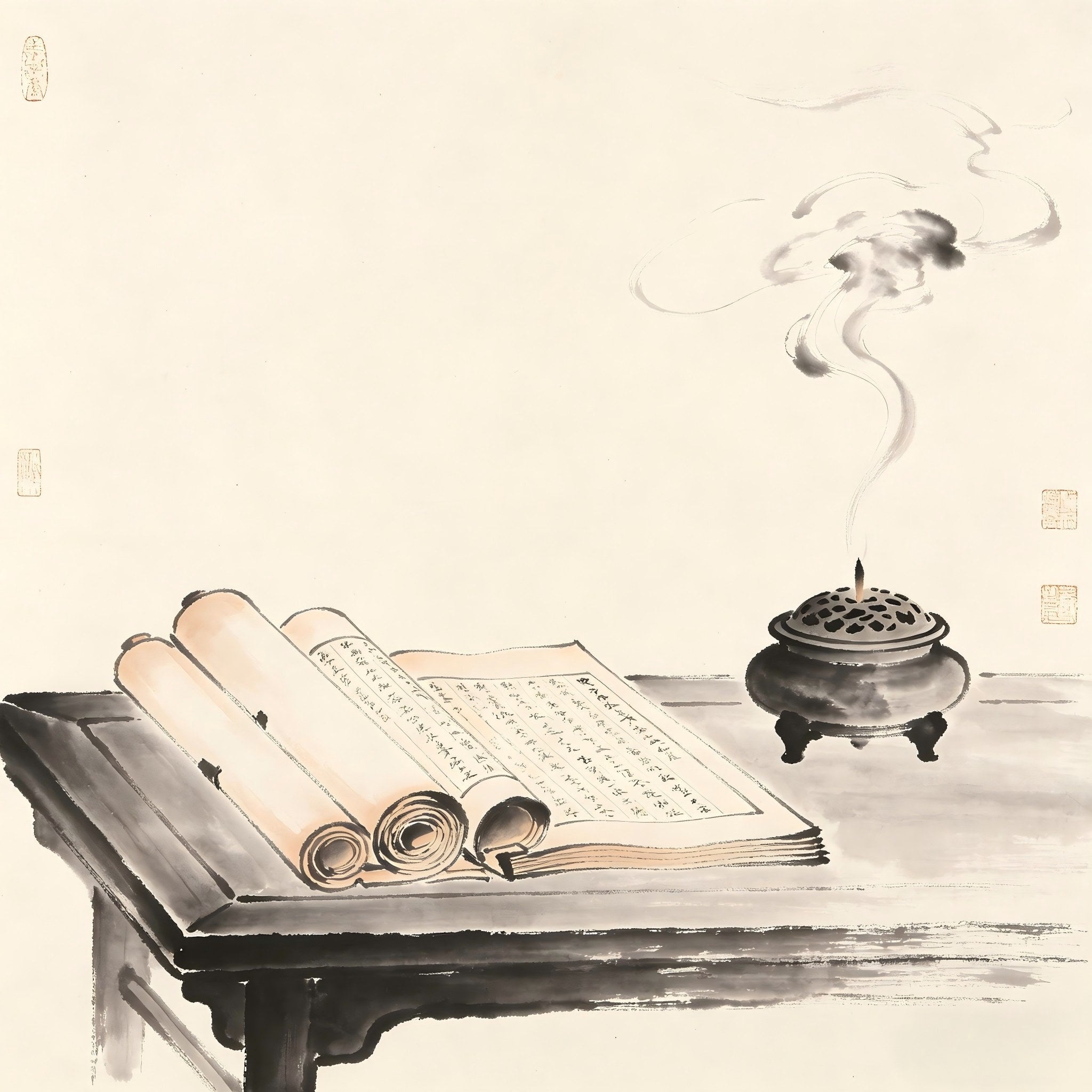 Ancient scrolls on a desk with incense smoke in traditional Chinese ink painting