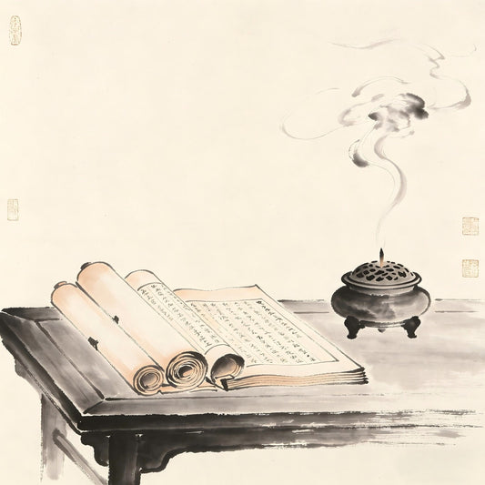Ancient scrolls on a desk with incense smoke in traditional Chinese ink painting