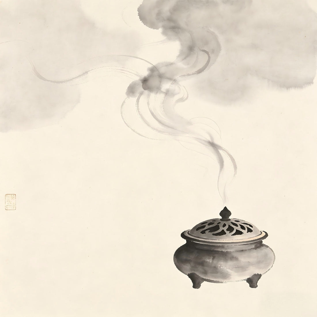 Ancient ritual burner with curling smoke in traditional ink wash style, representing the Lianshi refinement master role in Taoist soul purification ceremony