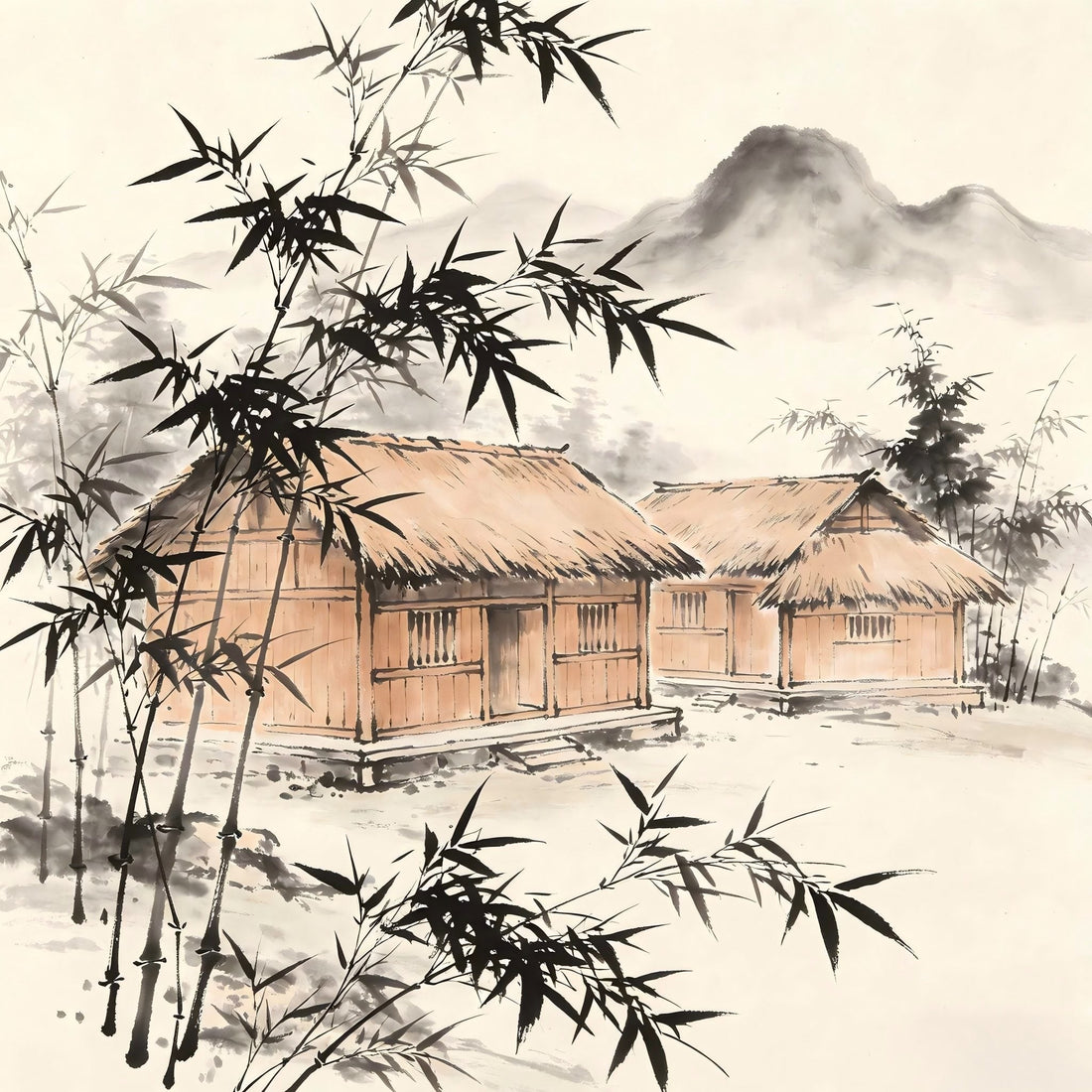 Secluded mountain dormitory buildings in traditional Chinese ink painting style