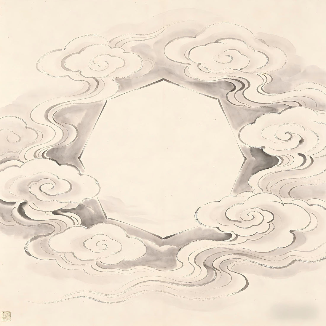Six directions of qi converging at a central void, traditional Chinese ink painting