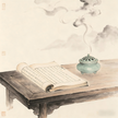 Lu Shi Precept Master Taoist scripture scrolls and burning incense ink painting