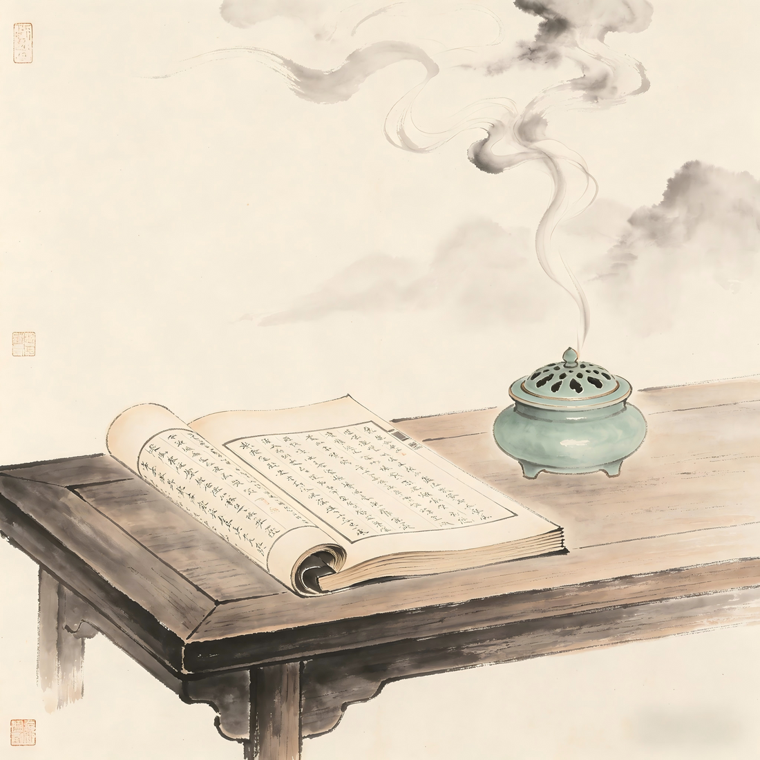 Lu Shi Precept Master Taoist scripture scrolls and burning incense ink painting