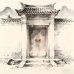 Ancient monastery gate with heavy wooden doors and bronze lock in ink wash style, representing the Mentou gate keeper role in Taoist monasteries