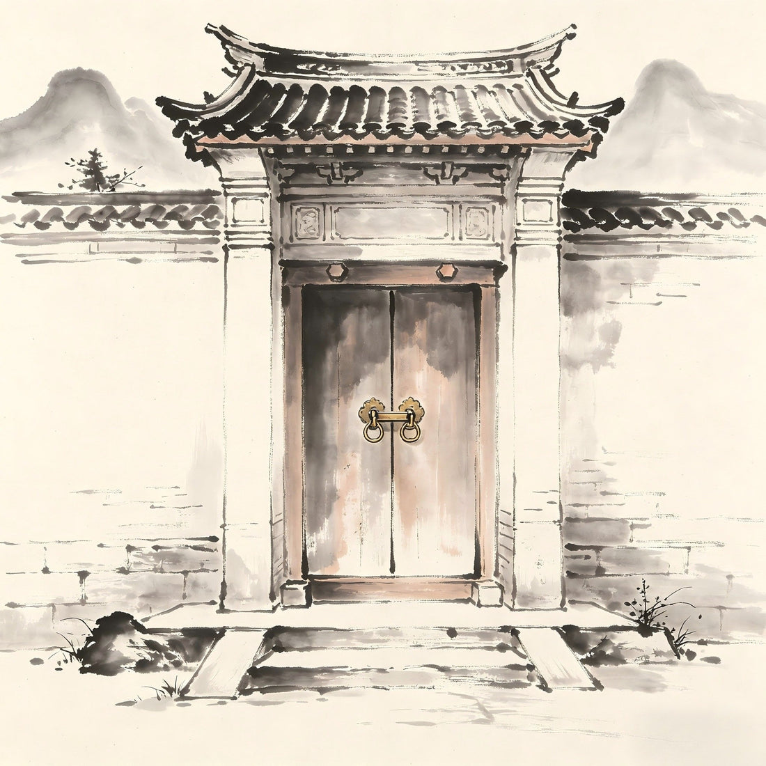 Ancient monastery gate with heavy wooden doors and bronze lock in ink wash style, representing the Mentou gate keeper role in Taoist monasteries