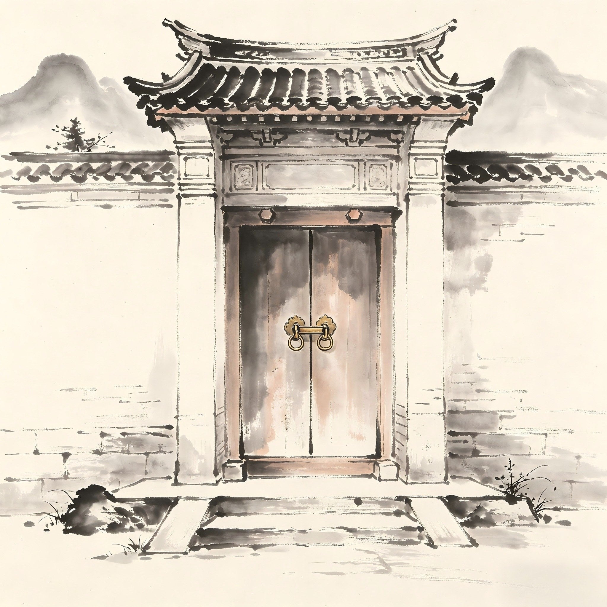 Ancient monastery gate with heavy wooden doors and bronze lock in ink wash style, representing the Mentou gate keeper role in Taoist monasteries