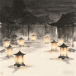 Single long lamp with nine flames illuminating a misty night courtyard, representing the Mingzhenzhai outdoor soul liberation ritual in Taoist tradition