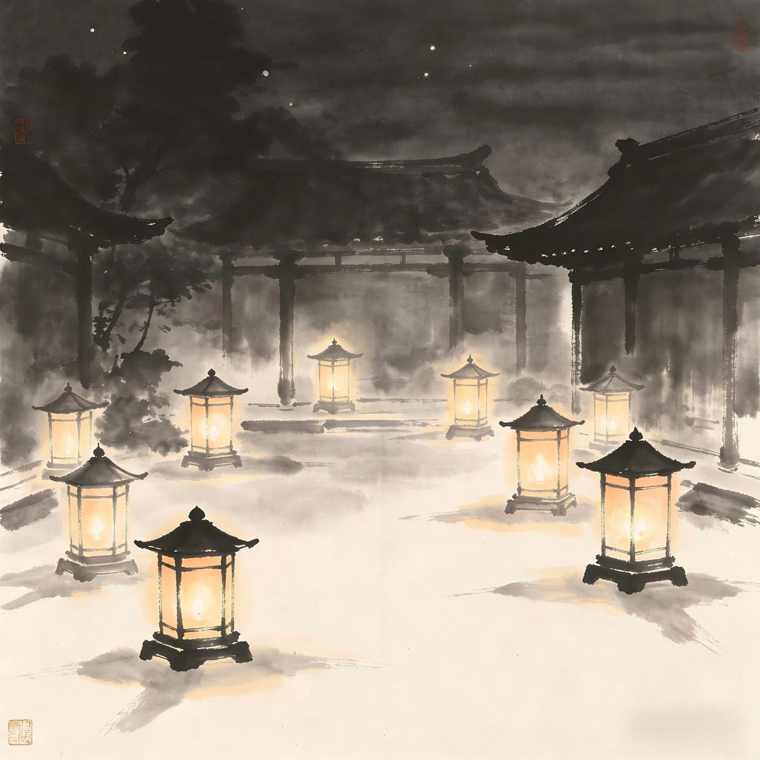 Single long lamp with nine flames illuminating a misty night courtyard, representing the Mingzhenzhai outdoor soul liberation ritual in Taoist tradition