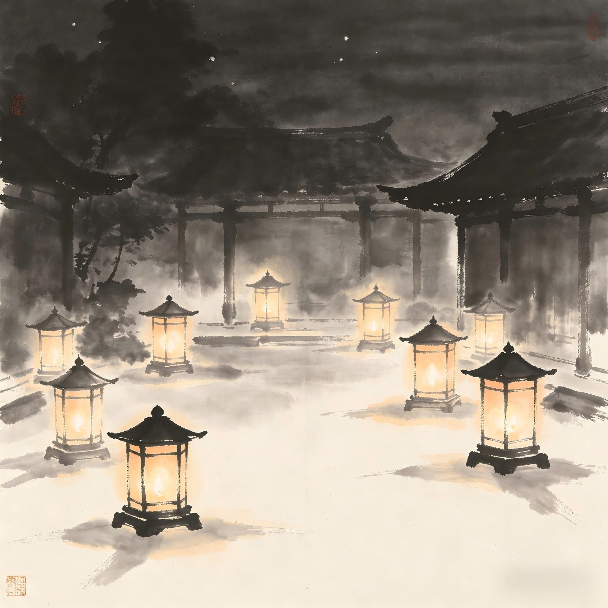 Single long lamp with nine flames illuminating a misty night courtyard, representing the Mingzhenzhai outdoor soul liberation ritual in Taoist tradition