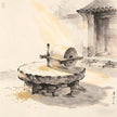 Taoist temple courtyard with ancient stone mill for grain processing meditation cultivation
