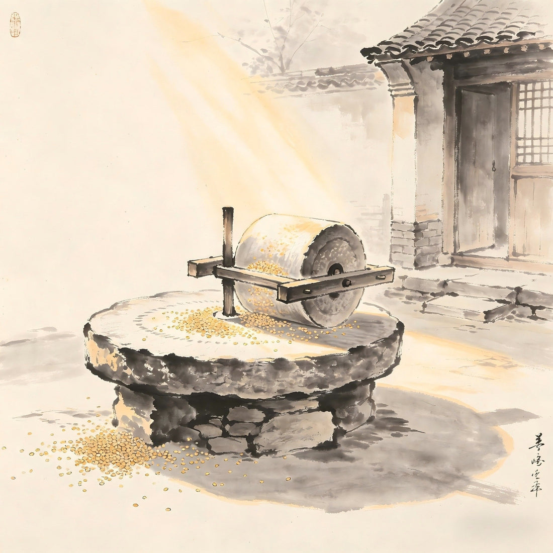 Taoist temple courtyard with ancient stone mill for grain processing meditation cultivation