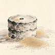 Ancient stone mill wheel in ink wash, representing Niantou grain milling in Taoist monastery