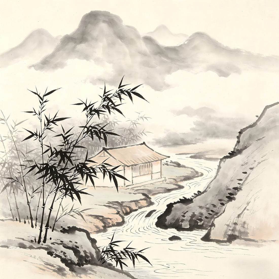 A secluded mountain retreat representing female Taoist practice in Chinese ink painting
