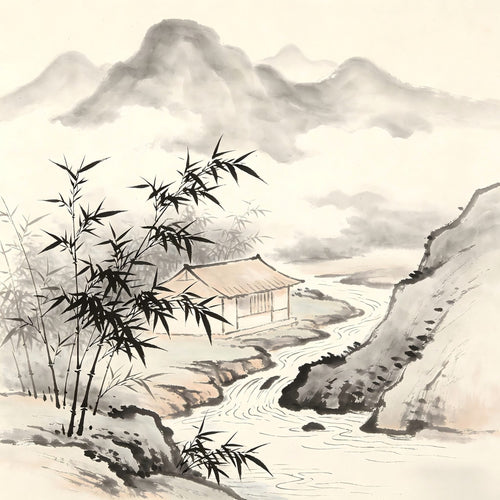 A secluded mountain retreat representing female Taoist practice in Chinese ink painting