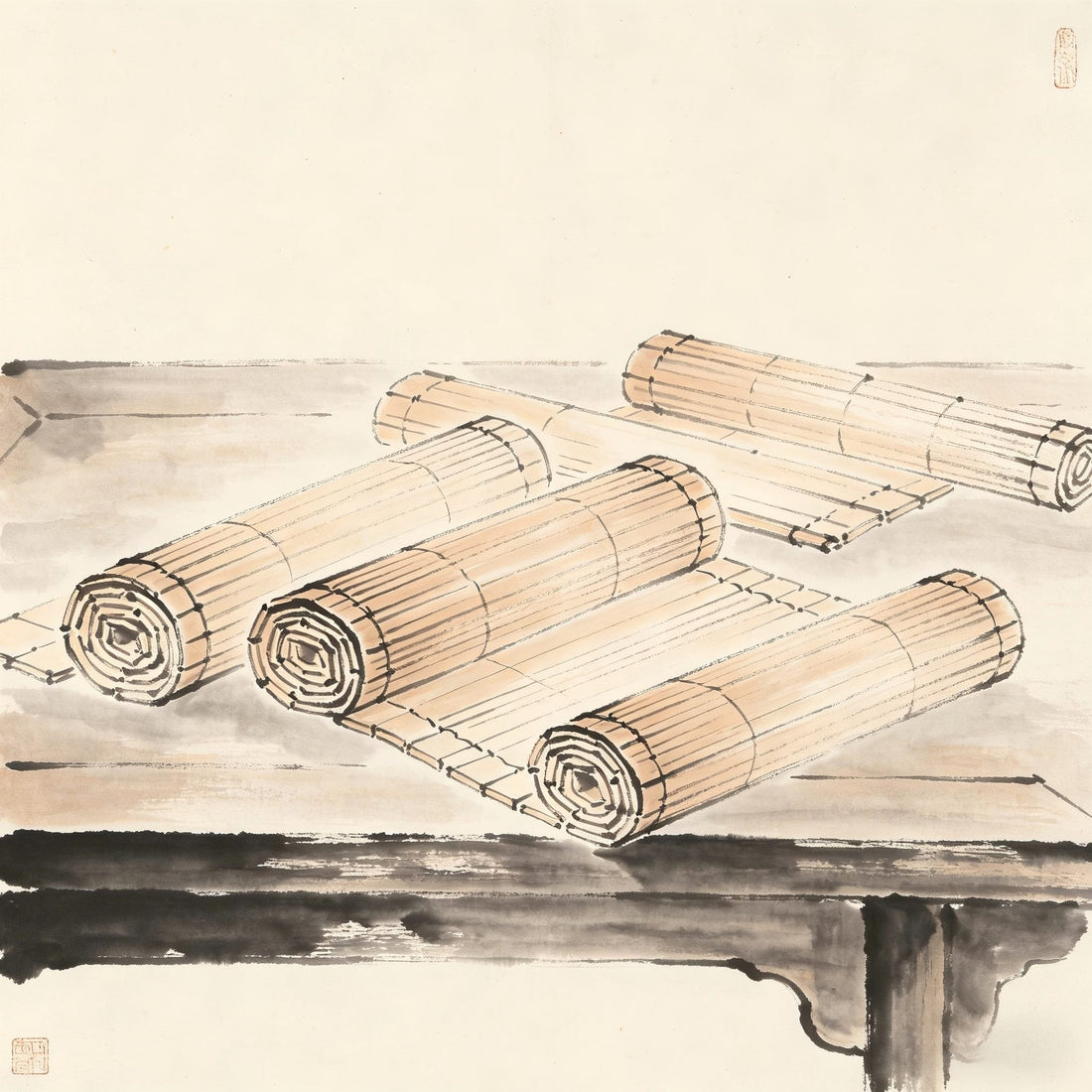 Bamboo slips and scrolls on an ancient desk, representing the Taoist Qing Ce blue register
