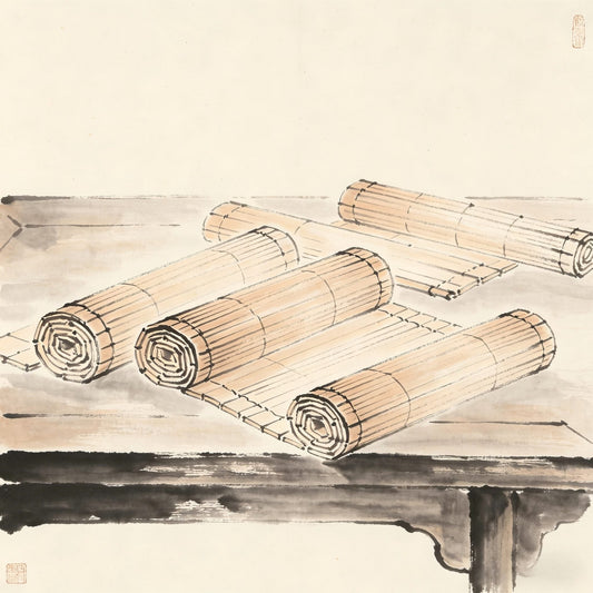 Bamboo slips and scrolls on an ancient desk, representing the Taoist Qing Ce blue register