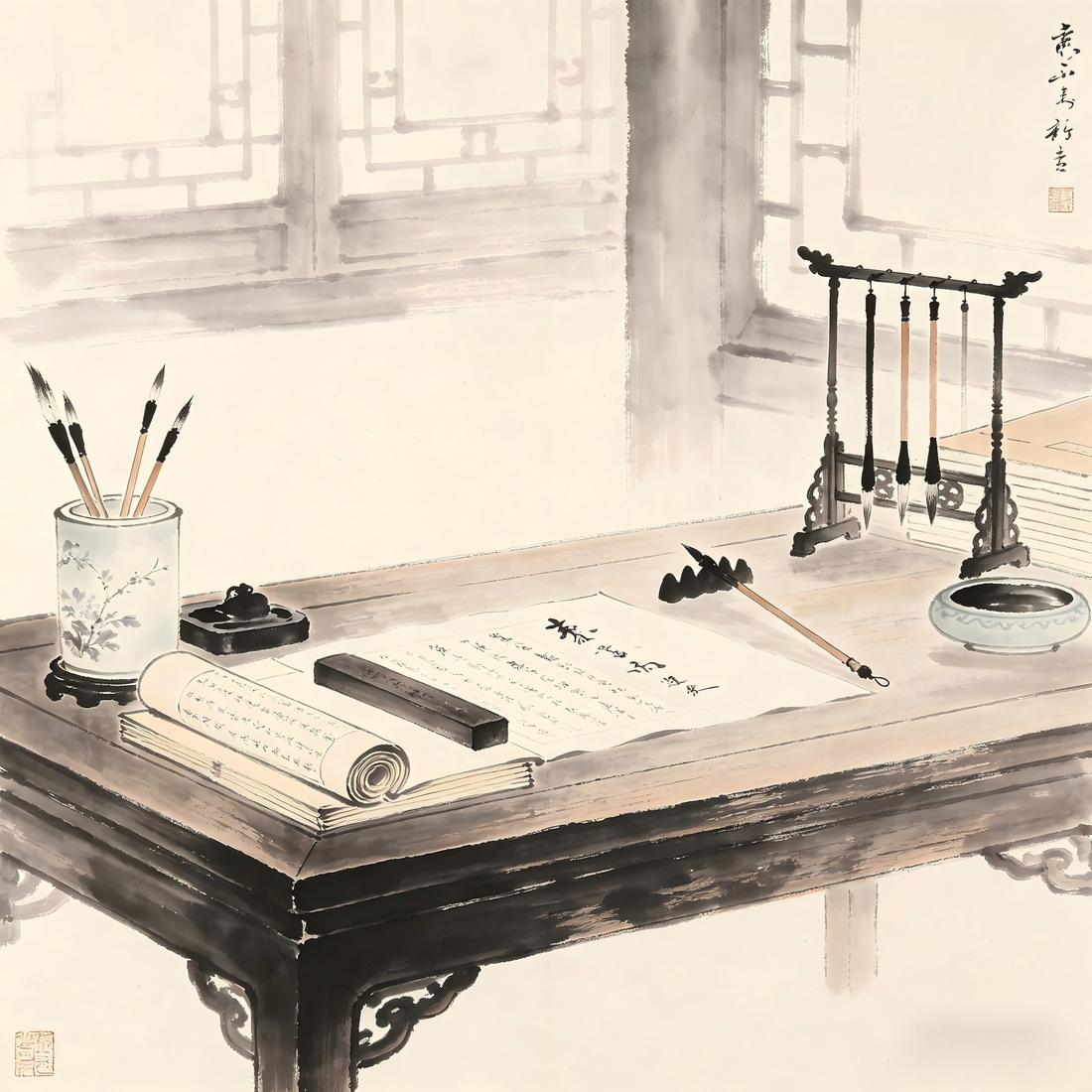 Taoist monastery guest hall with registration desk in ink wash painting