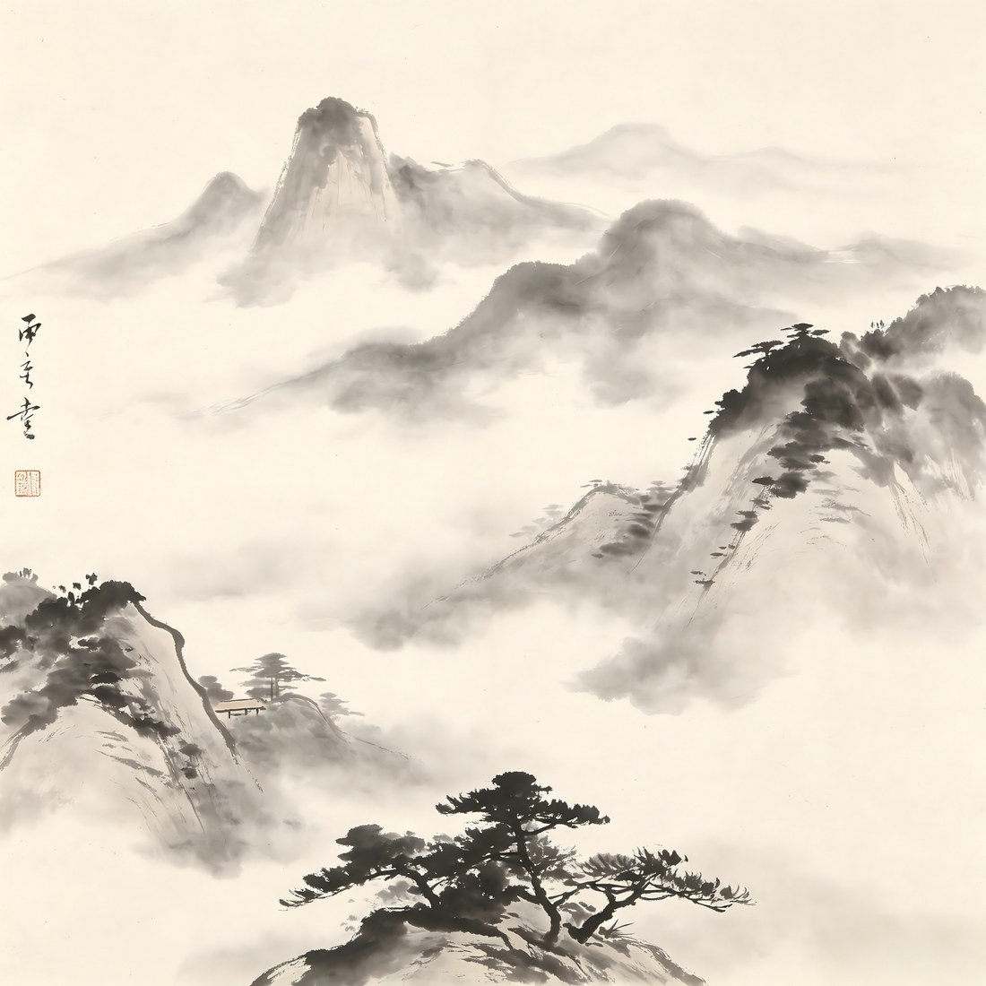 Qingtou Taoist monastery in traditional Chinese ink painting style