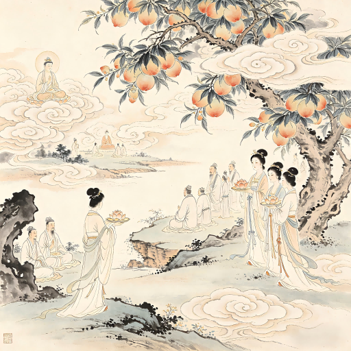 Pure land realm with celestial beings enjoying peaceful existence, representing the Realm of Sentient Beings