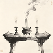 Taoist retreat ceremony altar with incense and candles in traditional painting