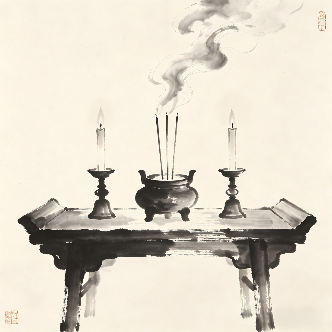 Taoist retreat ceremony altar with incense and candles in traditional painting