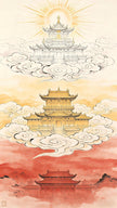 Three celestial realms ascending through clouds — the Three Pure Realms of Taoist cosmology