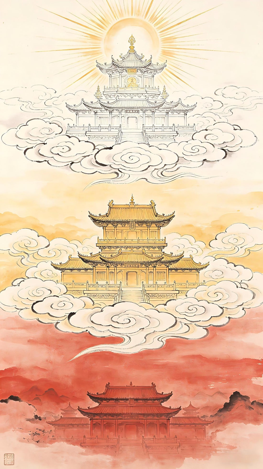Three celestial realms ascending through clouds — the Three Pure Realms of Taoist cosmology