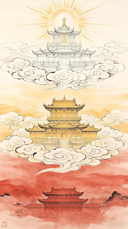 Three celestial realms ascending through clouds — the Three Pure Realms of Taoist cosmology