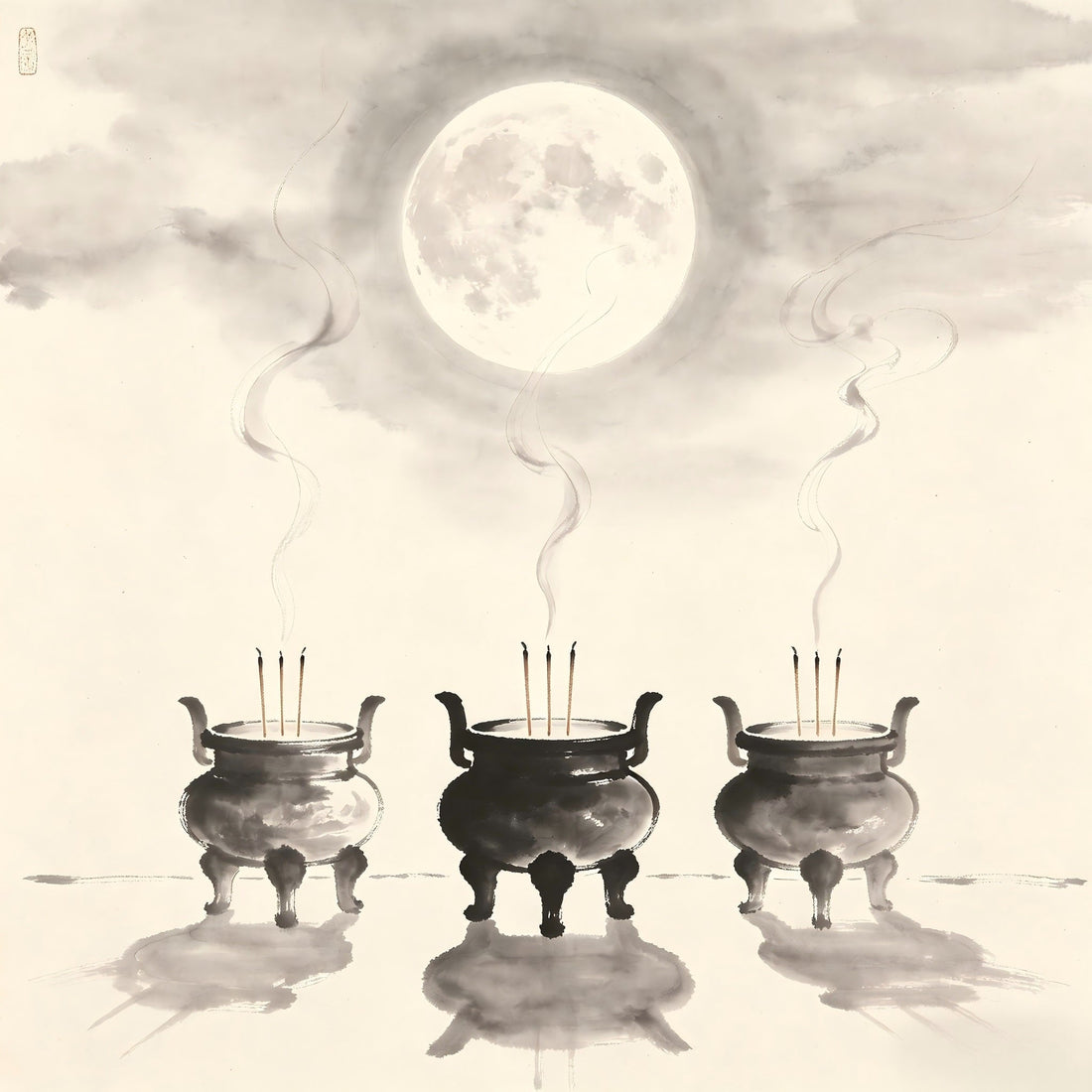 Three incense burners arranged under moonlit sky, representing the Sanyuanzhai Three Primes purification ritual on the 15th day of each prime month in Taoist tradition