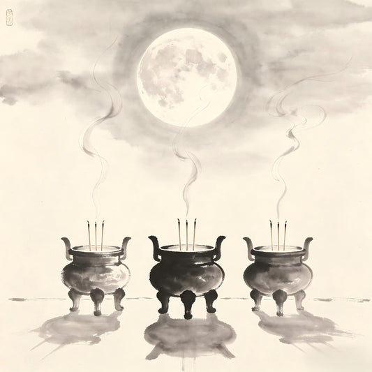 Three incense burners arranged under moonlit sky, representing the Sanyuanzhai Three Primes purification ritual on the 15th day of each prime month in Taoist tradition