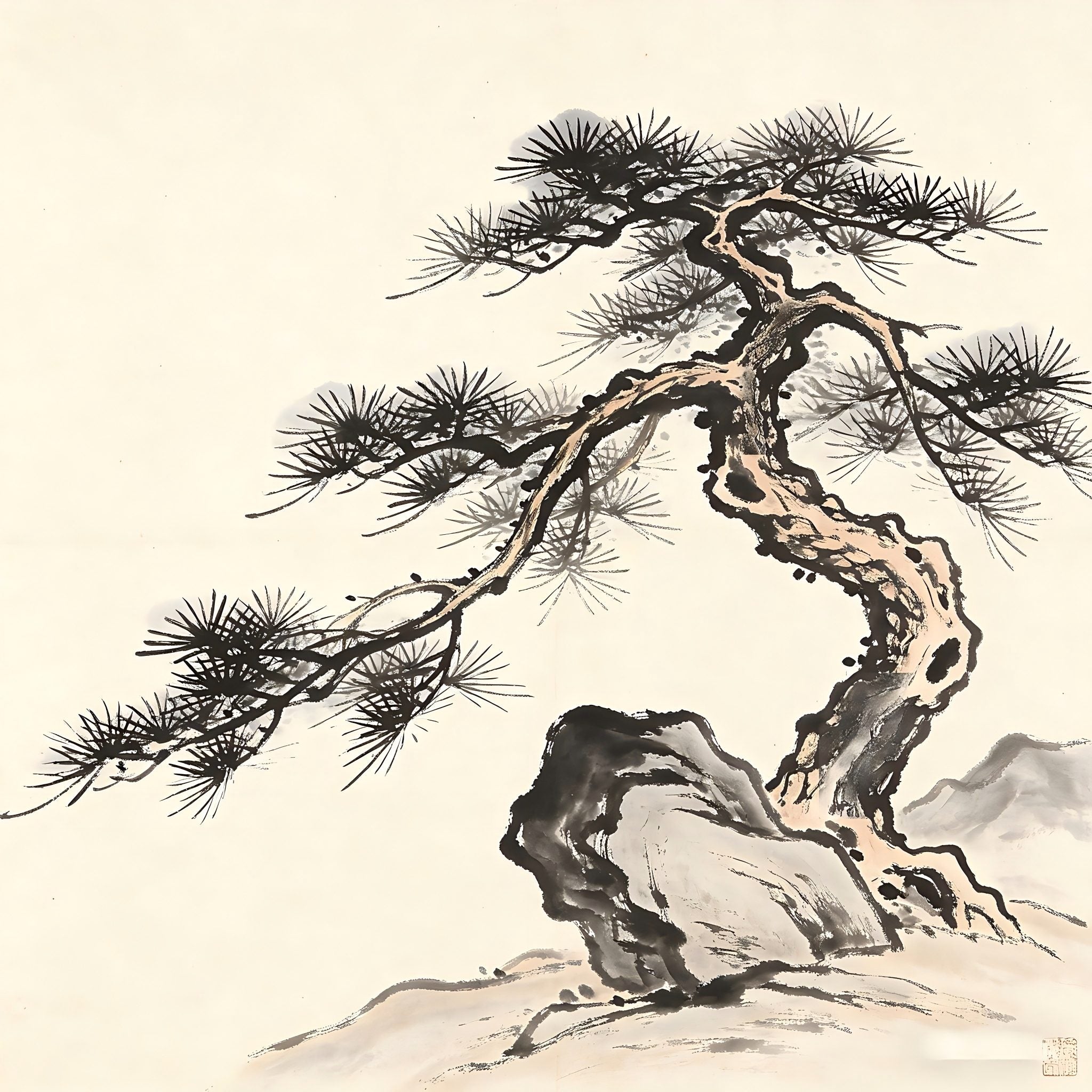 Sturdy pine trees and standing rocks, representing the School of Immortals