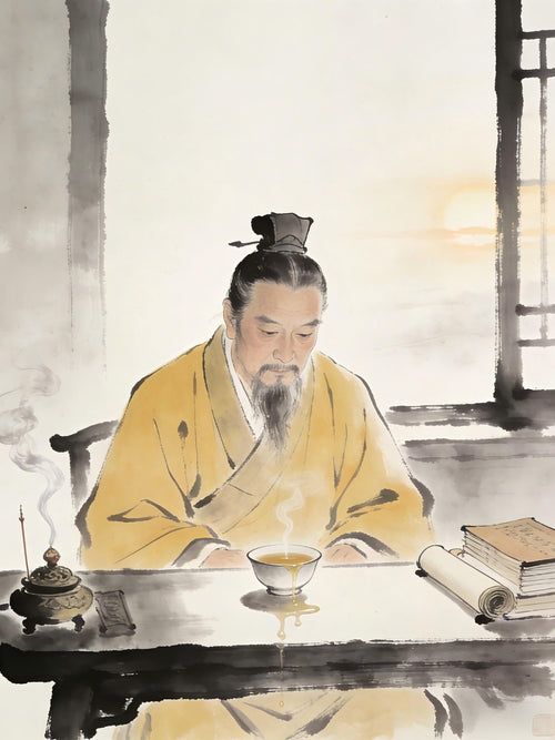 Taoist priest contemplating overflowing teacup
