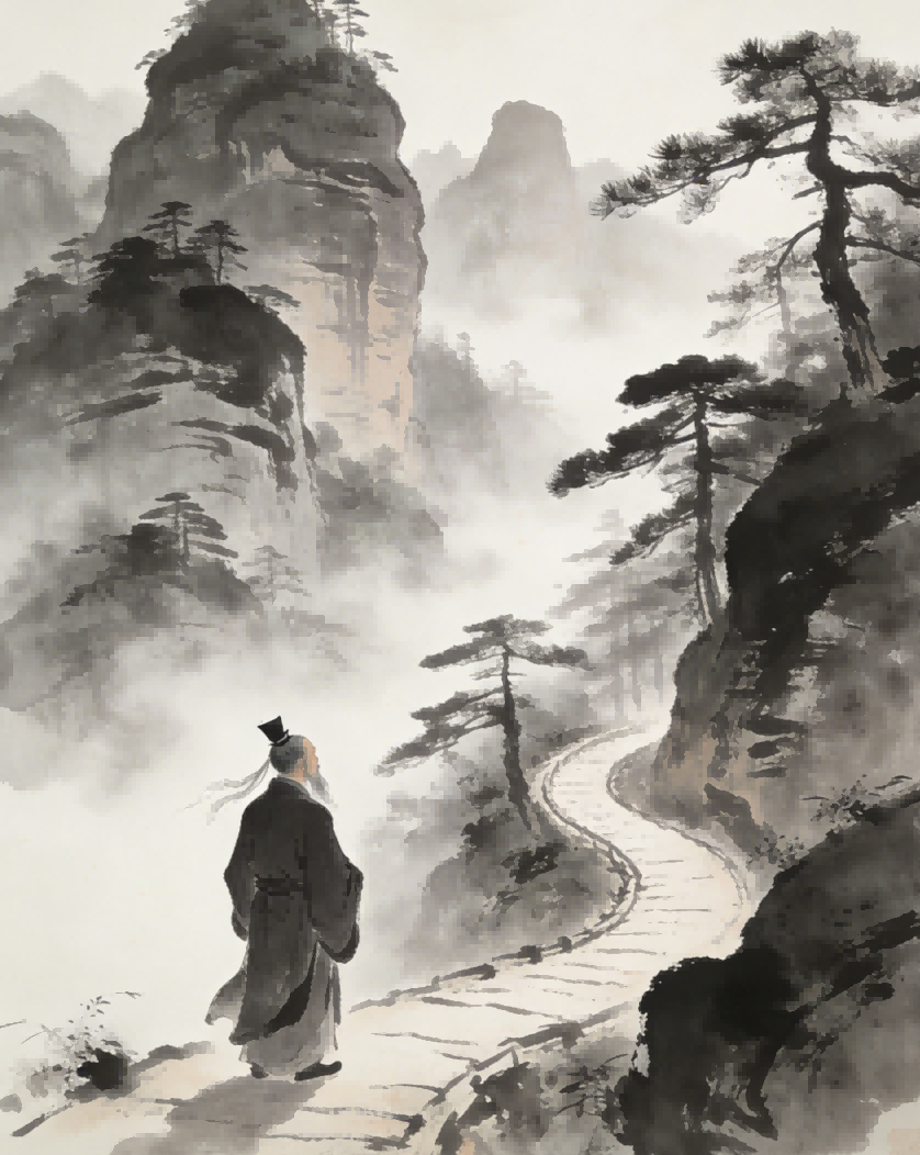 Taoist priest standing alone on misty mountain path, Seven Distances Qi Yuan spiritual practice, Longhu Mountain Zhengyi tradition