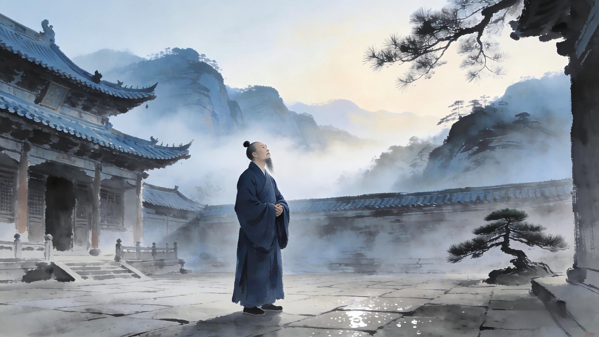 A Taoist priest at dawn in Longhu Mountain courtyard, standing in stillness before morning prayers, mist rising from the valley below