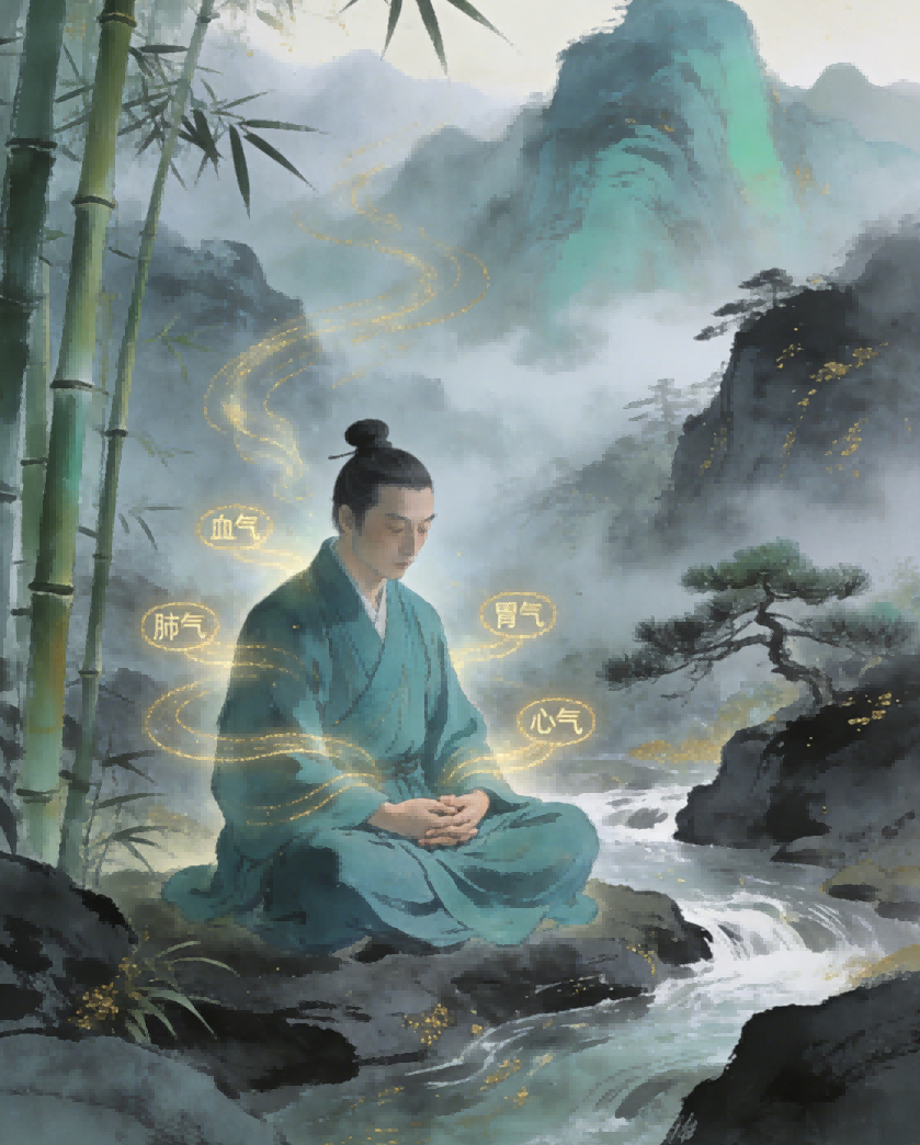 A Taoist priest sits in quiet cultivation beside a mountain stream, seven types of vital energy flowing through him, traditional Chinese ink wash painting style