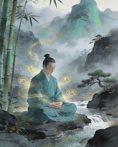 A Taoist priest sits in quiet cultivation beside a mountain stream, seven types of vital energy flowing through him, traditional Chinese ink wash painting style