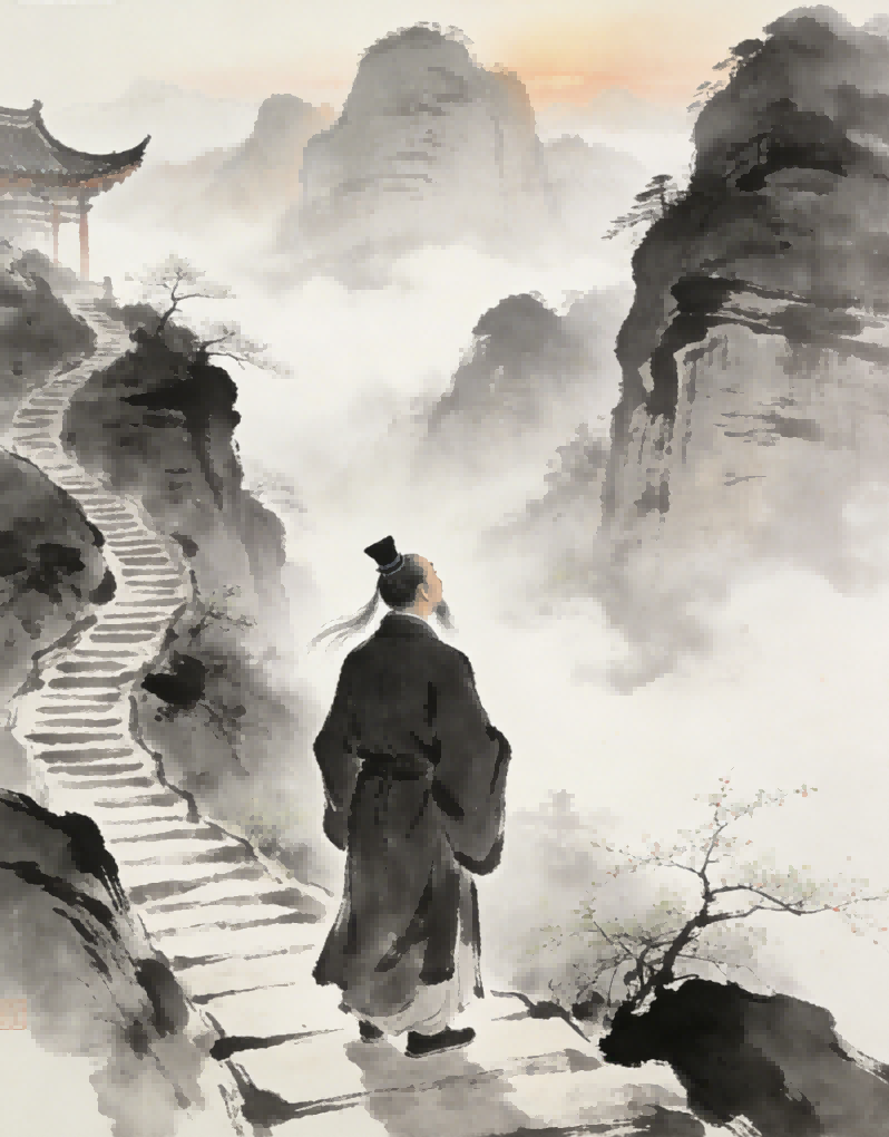 Taoist priest standing on misty mountain path at Longhu Mountain, Seven Proximities to the Tao, Zhengyi tradition
