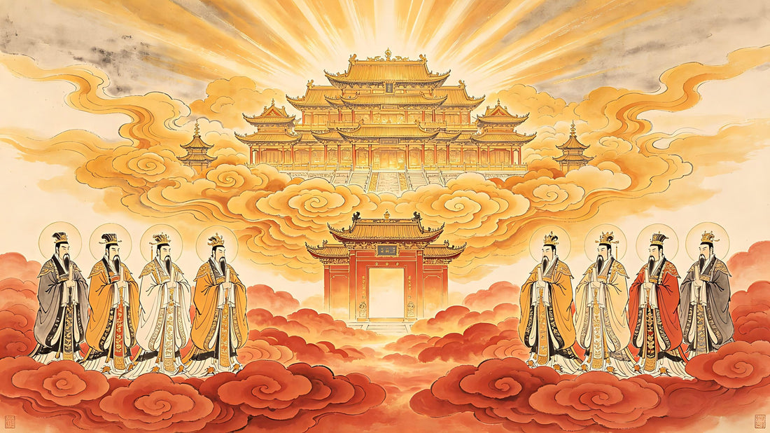 The Upper Pure Realm beyond crimson clouds — celestial palace of the Eight Sovereign Lords