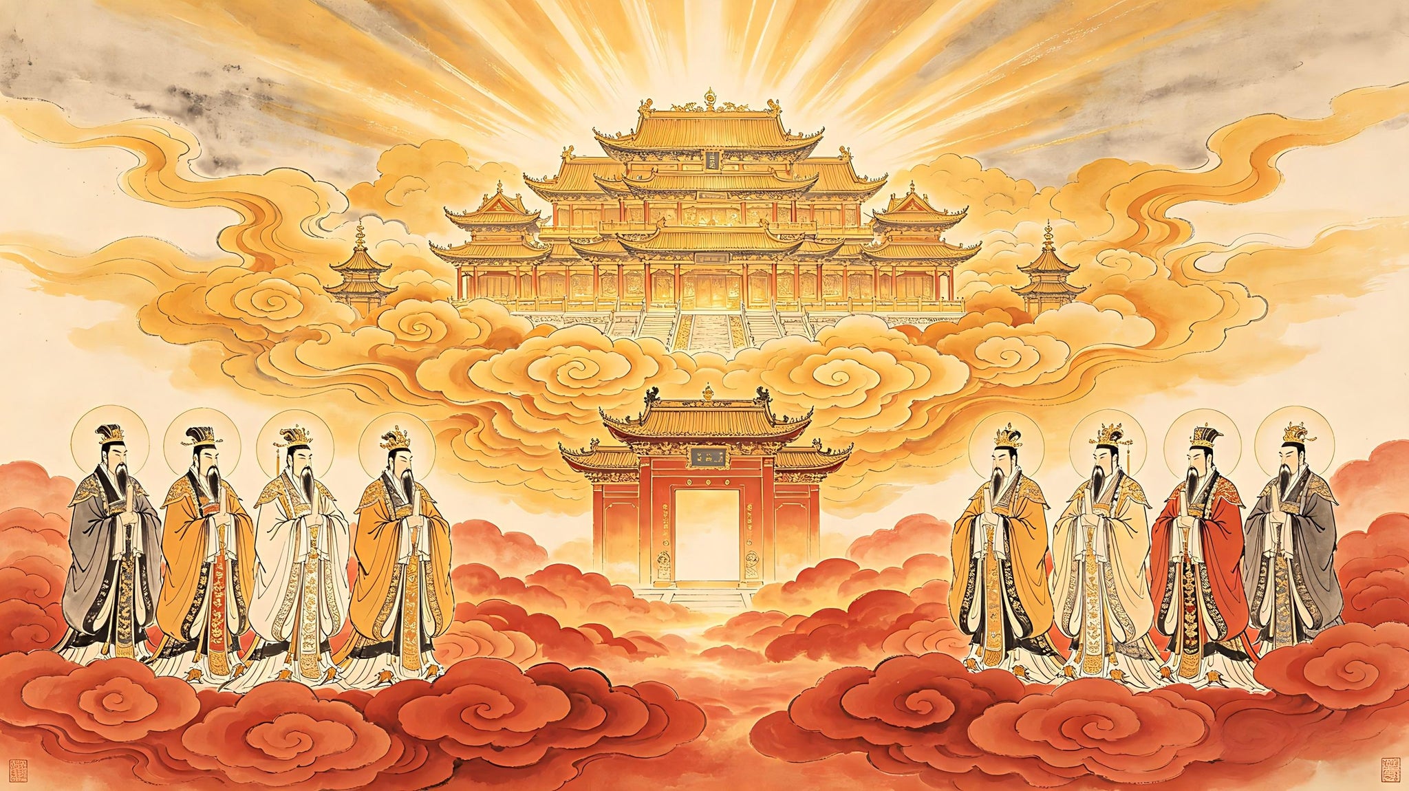 The Upper Pure Realm beyond crimson clouds — celestial palace of the Eight Sovereign Lords