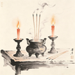 Taoist ritual lamps and candles in traditional Chinese painting