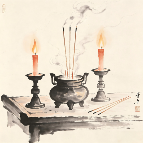 Taoist ritual lamps and candles in traditional Chinese painting